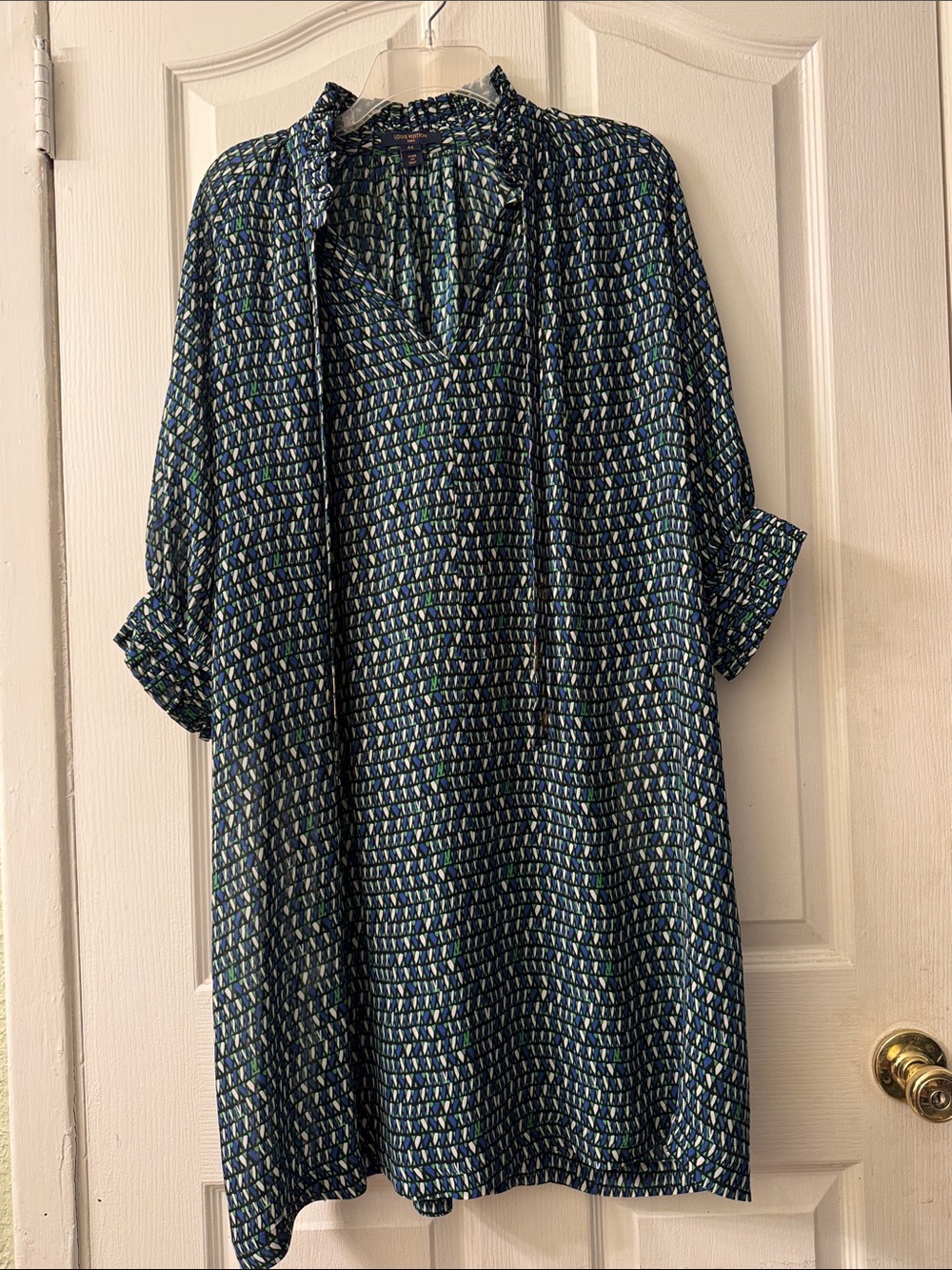 Louis Vuitton Navy Blue and Green Patterned Silk Tunic Dress Size XL 44